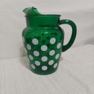 VINTAGE 1950's MCM AnchorHocking Fire King Forest‎ Green Polka Dot Pitcher 2Qt